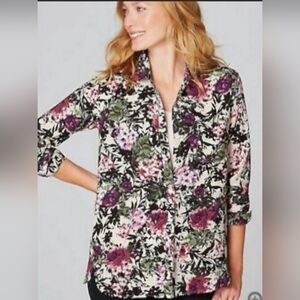 J Jill Womens Small Purple Ivory Black Pink Floral LS Blouse Shirt Cotta…